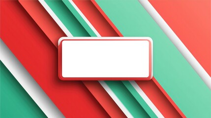 Christmas themed geometric striped background with red, green and white diagonal lines, centered blank rectangular frame for text or message. Ideal for wallpaper, poster, banner, announcement template