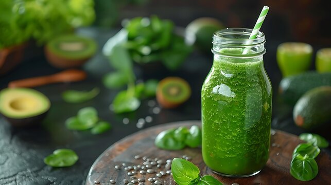 Green smoothie in a glass bottle with a straw surrounded by green fruits and leafy vegetables