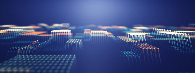 Futuristic 3D Data Landscape With Glowing Grid Blocks.