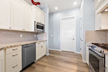 A stylish kitchen with sleek white cabinets and modern appliances