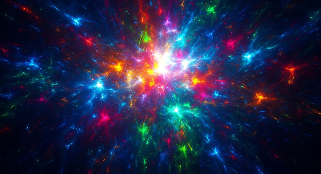 A vibrant explosion of colorful light and energy, resembling a nebula or a cosmic event in deep space