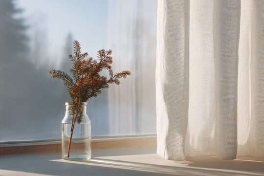 minimalist still life featuring window adorned with spruce branch and name emmanuel