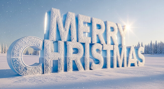 Snowy merry christmas text art in a winter landscape with trees and bright sunshine on transparent background