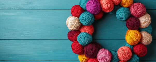 Colorful yarn ball wreath on blue wooden background creates festive christmas decoration with cozy handmade feel and joyful atmosphere