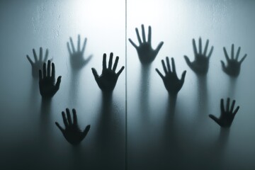 Dozens of hands emerge from frosted glass, illuminated by cold white light, fingers splayed, evoking urgency and silent desperation