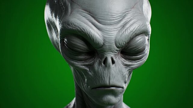 Close up alien face detailed gray skin large black eyes on green screen background