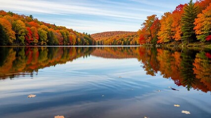 A tranquil lake mirrors vibrant autumn foliage, with colorful leaves floating on the glassy surface - Powered by Adobe