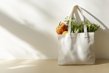 Eco-friendly canvas bag with fresh vegetables and herbs in sunlit kitchen