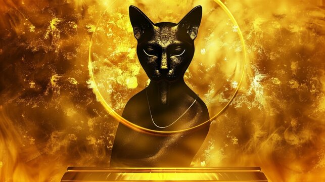 Black cat with mystic background, portrait of Bastet goddes from Egypt