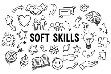 Soft skills concept with icons: communication, teamwork, creativity, brainstorming