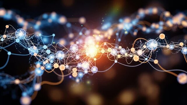 Abstract depiction of interconnected nodes and lines, glowing with light against a dark background