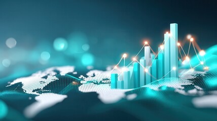 Global business data analytics showing financial market growth with illuminating lines world background map