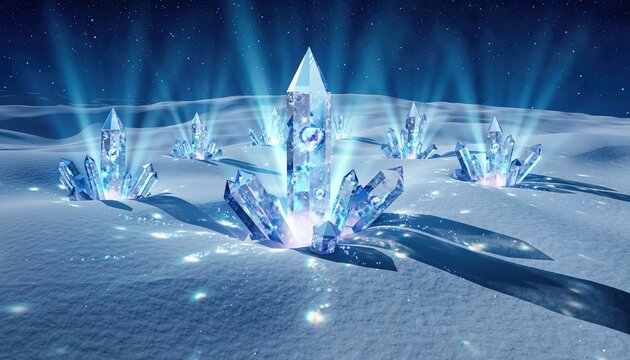 A cluster of glowing crystals rises from the snowy ground, creating a magical winter scene filled with bright color, icy beauty, soft sparkle, quiet presence, and the cold elegance of frozen light