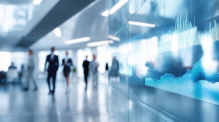 Financial graph showing market data and investment trends on glass, blurring business people corridor corporate modern in walking