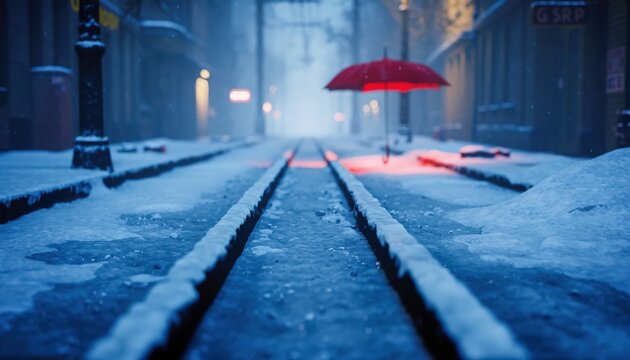 A bright red umbrella rests on a snowy winter street, glowing softly under distant lamps and creating a calm lonely moment filled with gentle color, quiet emotion, and soft falling snow - Powered by Adobe