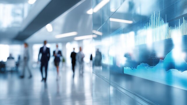 Financial graph showing market data and investment trends on glass, blurring business people corridor corporate modern in walking