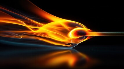 Igniting matchstick head with vibrant flame and glowing background smoke black against blue