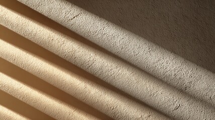 Sunlight creating striped shadows and abstract patterns a textured white window with blinds wall