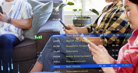 Market overlay fading in, camera panning right, woman on right scrolling phone, overlaying finance - Powered by Adobe