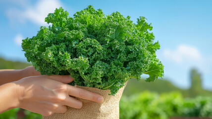 Fresh kale reusable bag hand green outdoor healthy organic natural sunny farm