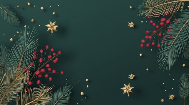 Elegant festive background with golden stars, pine branches, and red berries on dark green