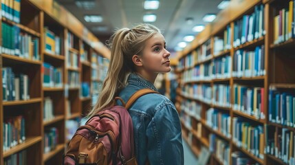Student walking in university library corridor choosing book for education