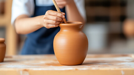 Teenage boy focused on pottery shaping clay vase with concentration in art studio