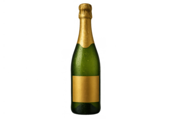 Chilled sparkling wine bottle with golden label and foil, condensation and water drops, celebration drink on transparent background