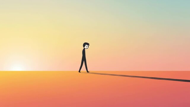 A solitary journey: Man walking towards his destination in a minimalist landscape, representing