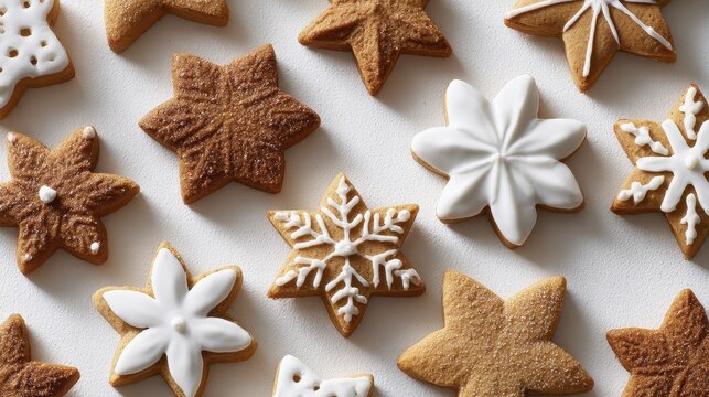 Decorative festive cookies with intricate designs on white background