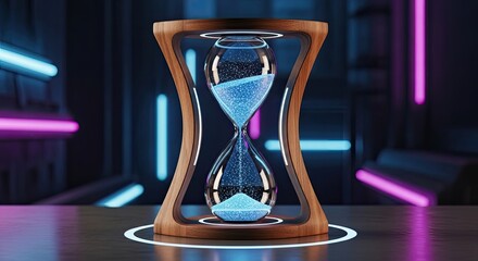 Futuristic Hourglass with Glowing Sand Time Concept and Neon Lights Background