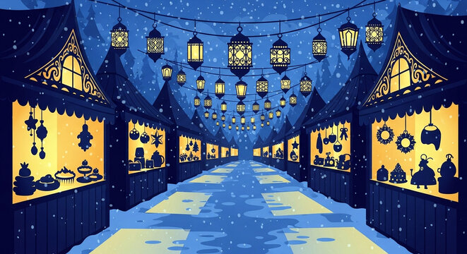 Winter market with stalls lamps and snow vector illustration