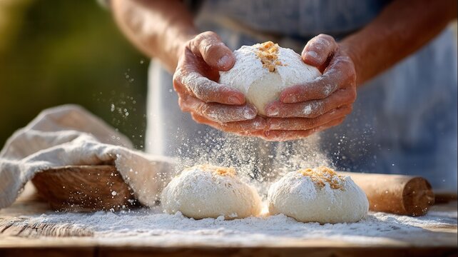 Person's hands kneading fresh dough a floured rustic wooden homemade board, preparing bread - Powered by Adobe