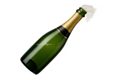Champagne bottle popping cork, sparkling wine pouring out, celebrating success, luxury and joyful events, transparent background isolated