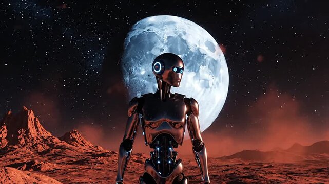 Futuristic android stands on alien planet surface gazing at giant moon and starry cosmos