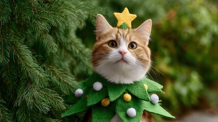 Domestic cat wearing a christmas tree costume with a star on celebrating head, its holidays festive