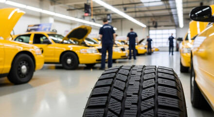 Naklejka premium Close up of a winter tire tread with blurred background of a car repair shop. Seasonal tire change for safe driving in cold weather. Automobile service concept.