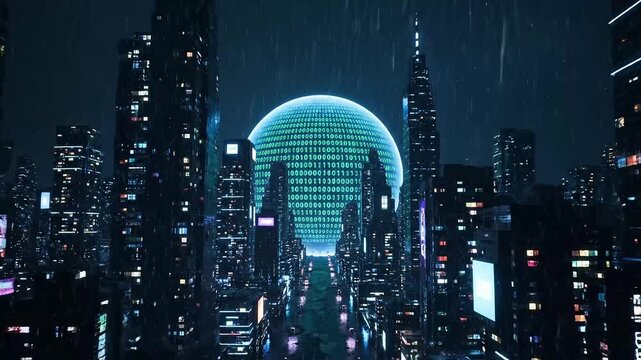 Futuristic cyberpunk city at night with glowing binary code sphere and rain reflecting neon