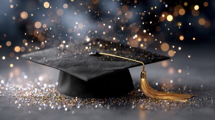 Graduation cap with golden tassel and confetti celebrating academic university and achievement success