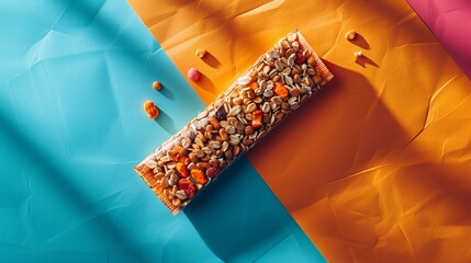Close up of a granola bar on a colorful background featuring blue orange and pink paper sheets flat lay