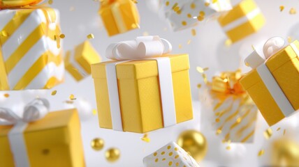 Yellow gift box with golden bow, other presents falling, golden confetti occasion celebrating festive
