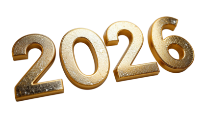 2026 Golden 3D year number symbol for holiday celebration on Transparent Background. A new year celebration sign with the number 2026
