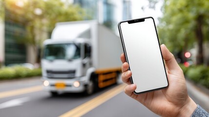 Hand holding a mobile phone with empty screen, a large white truck driving on street bokeh, in delivery services highlighting
