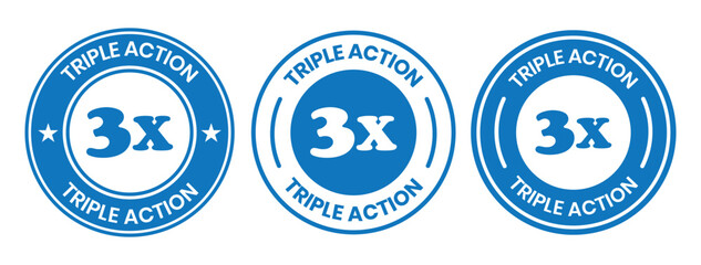 Triple Action - vector label for packaging label design. Triple Action sign, logo, badge, icon, sticker, label, emblem, stamp, symbol, black, line, flat vector, isolated illustration.
