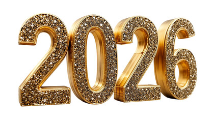 Golden 3D number and symbol set with elegant decorative design on Transparent Background. A new year celebration sign with the number 2026	