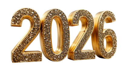 Golden 3D number and symbol set with elegant decorative design on Transparent Background. A new year celebration sign with the number 2026	