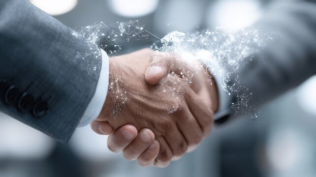 Business partners shaking hands with global network overlay forming international digital and agreement collaboration