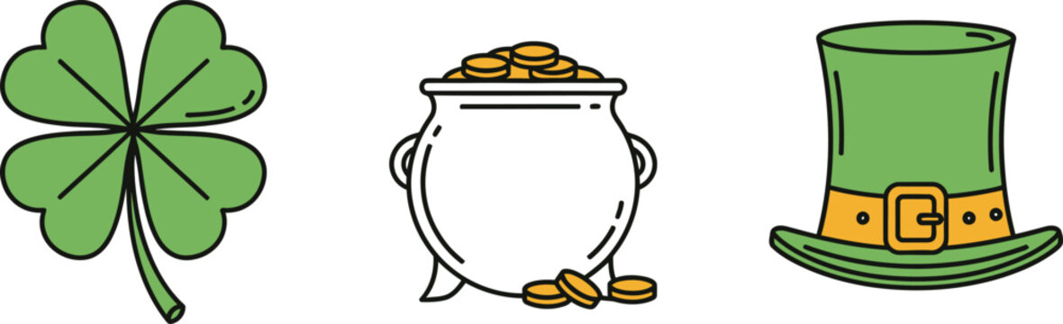 St. Patrick's Day line icon set. Vector pictograms of clover leaf, pot of gold, leprechaun hat, thin linear illustration.