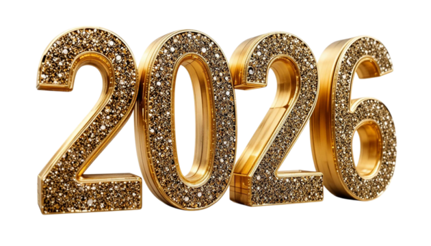 Golden 3D number and symbol set with elegant decorative design on Transparent Background. A new year celebration sign with the number 2026	 - Powered by Adobe