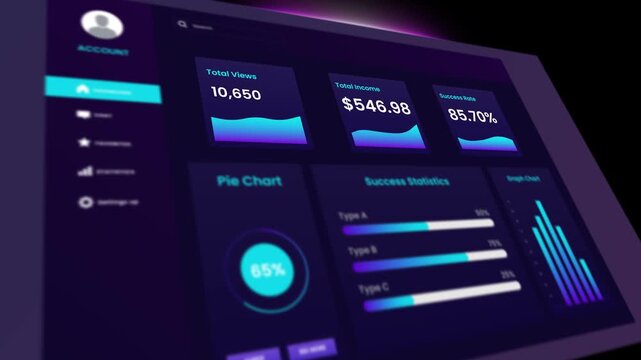 Financial report with charts and profit growth dashboard animation isolated on black background